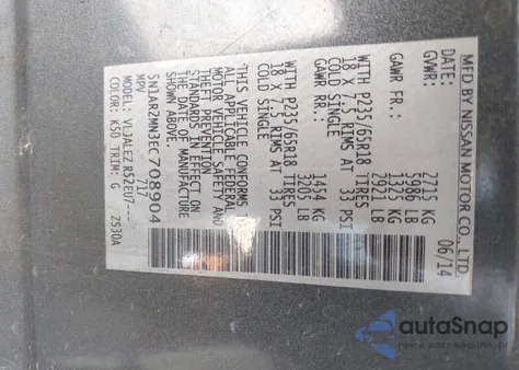 2014 Nissan Pathfinder Sv z USA, uszkodzony, nr VIN 5N1AR2MN3EC708904